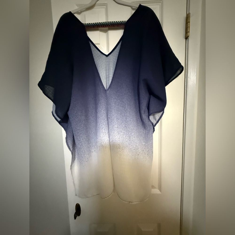 Blue and White Ombre V-Neck Blouse